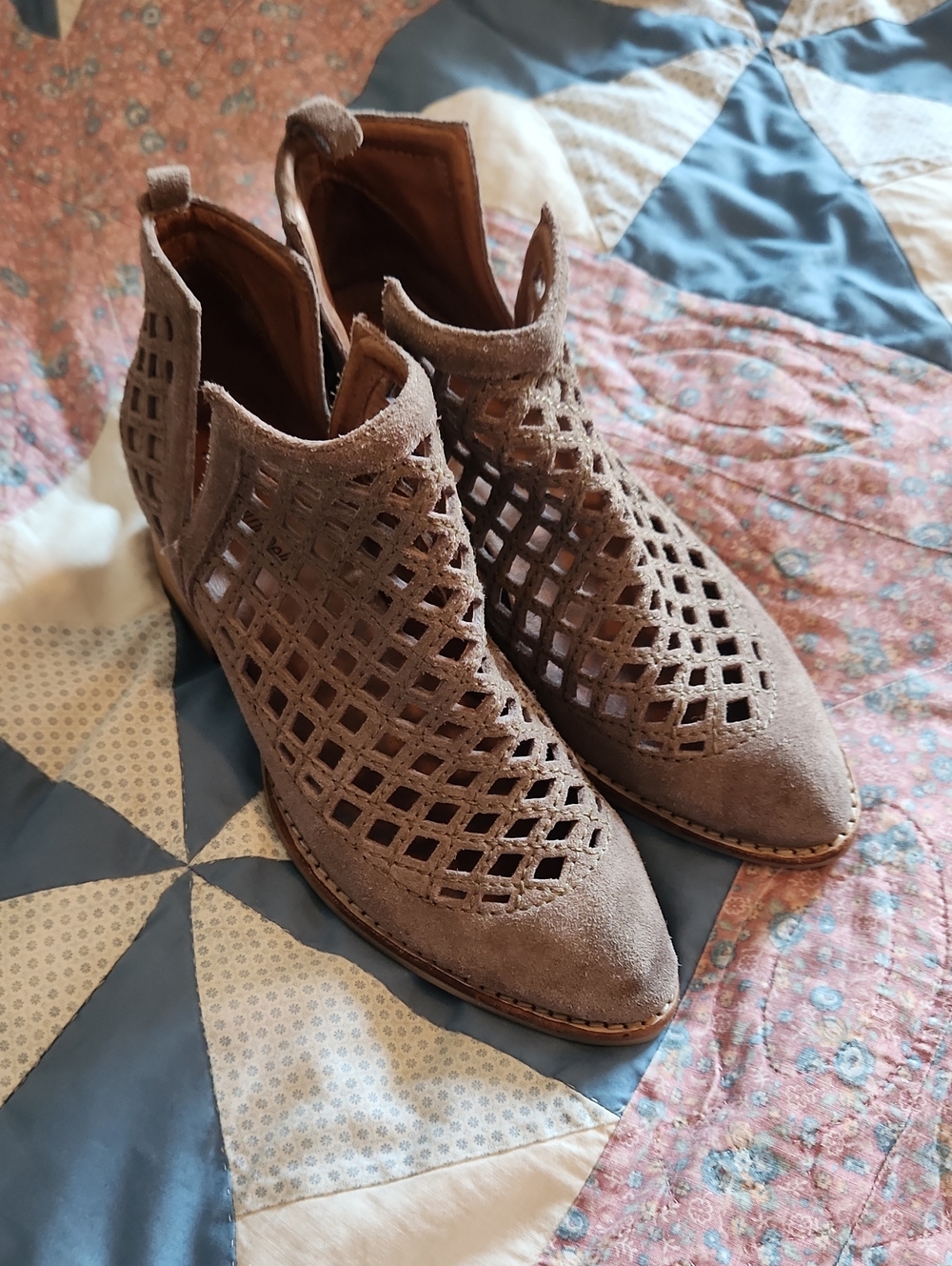 Jeffrey Campbell Taupe Suede Laser-Cut Ankle Booties